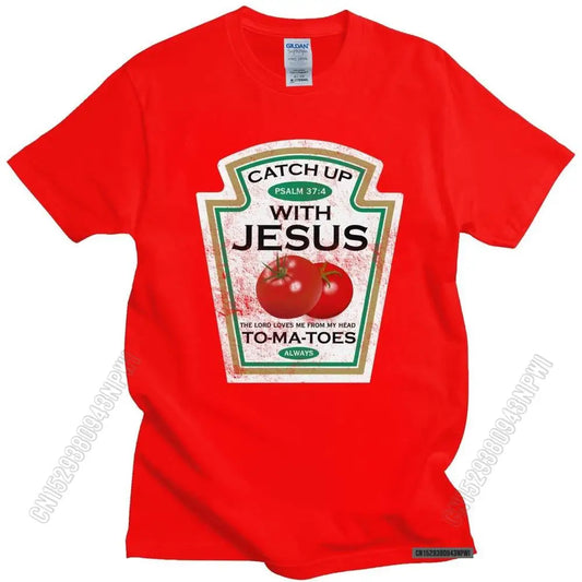 Funny Catch up with Jesus T Shirt Men Vintage Vegan Tomato T-Shirt Christian Gift Veganism O-Neck Cotton Tee Merchandise